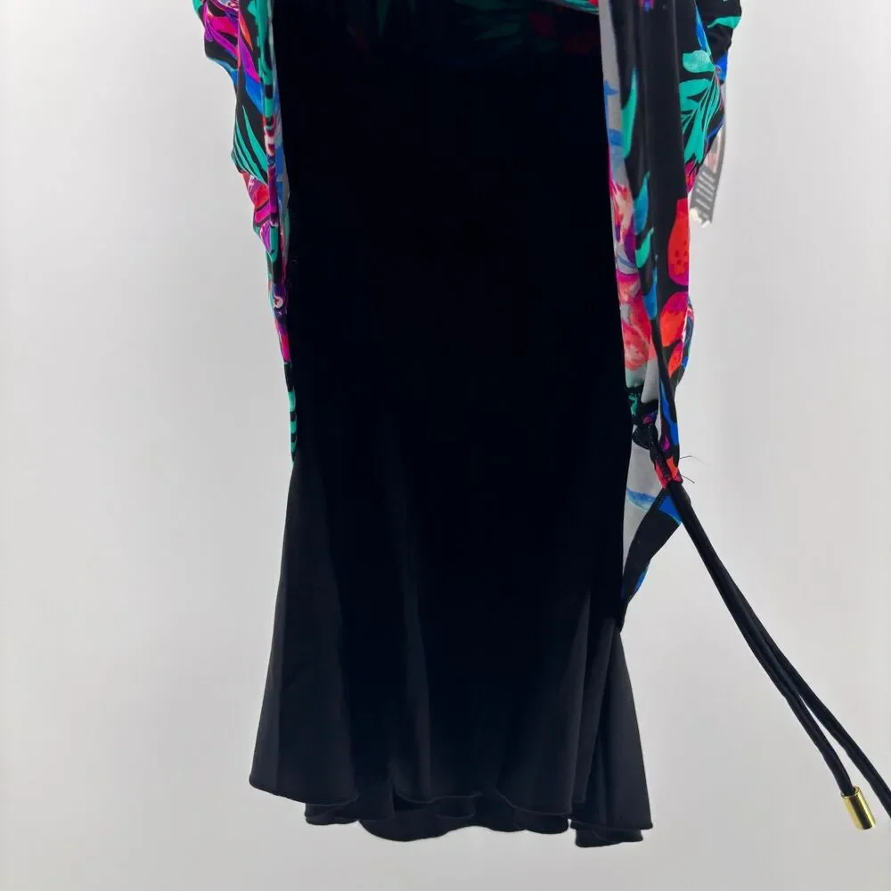 Shore Shapes Swimdress Women 16 Black Floral‎ New Asymmetrical Side Cinch sides